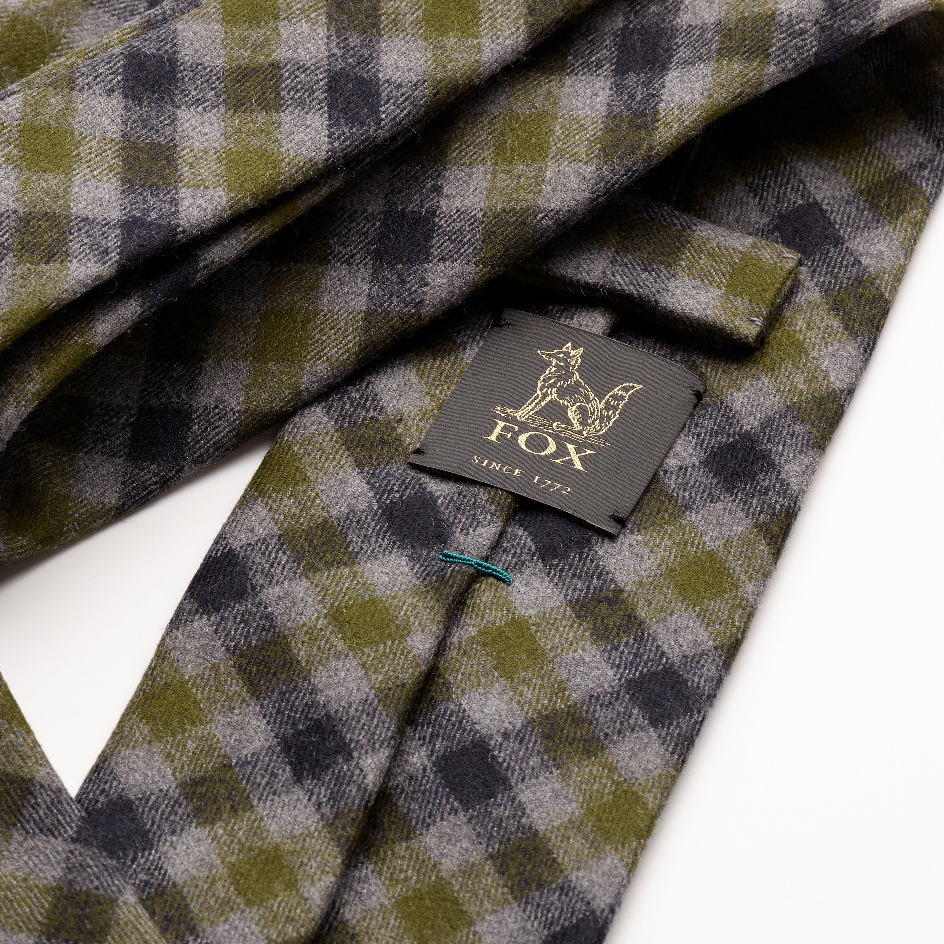 Fox brothers Green and Grey Check flannel tie, close up