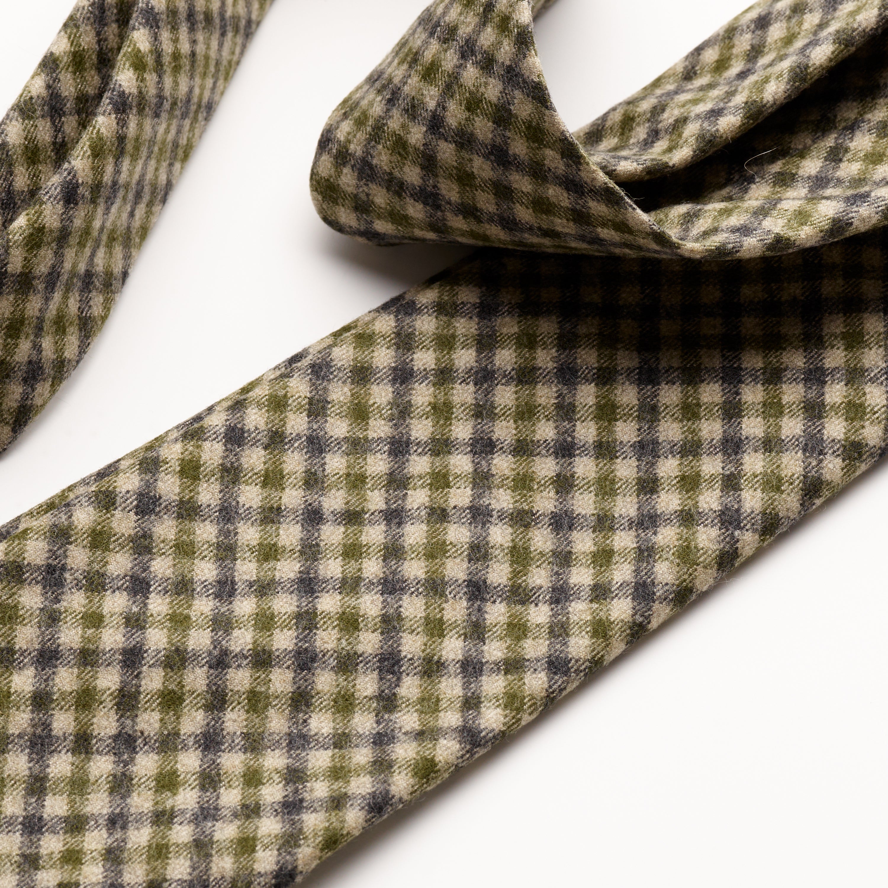 Fox brothers green & Charcoal microcheck flannel tie, detailed shot
