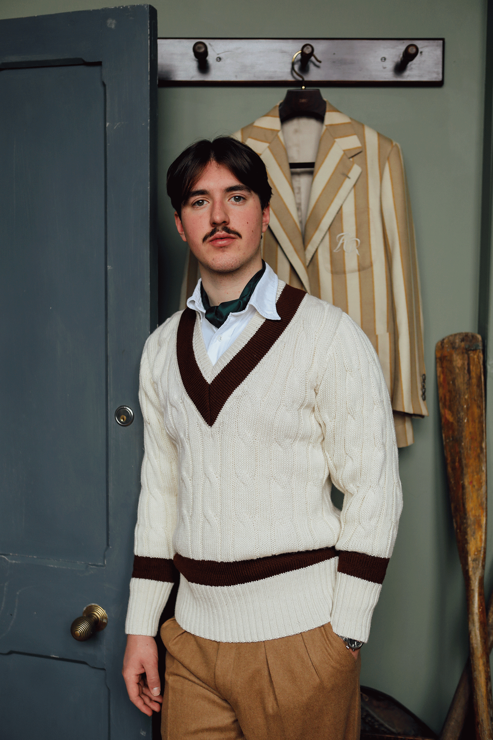 Fox Cricket Club Ecru Sweater with Suede Brown Stripes