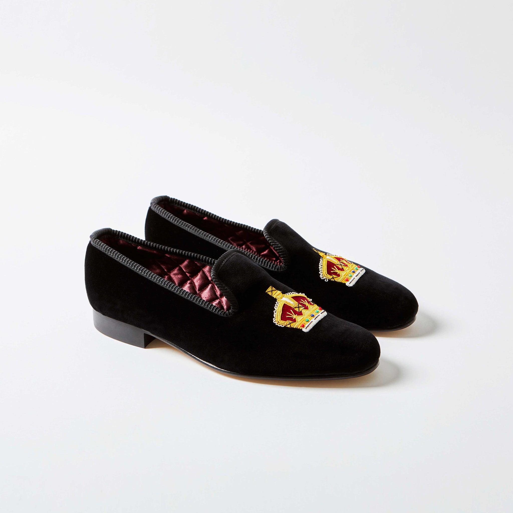 Black Velvet Albert Slipper with Embroidered Gold Crown, side view