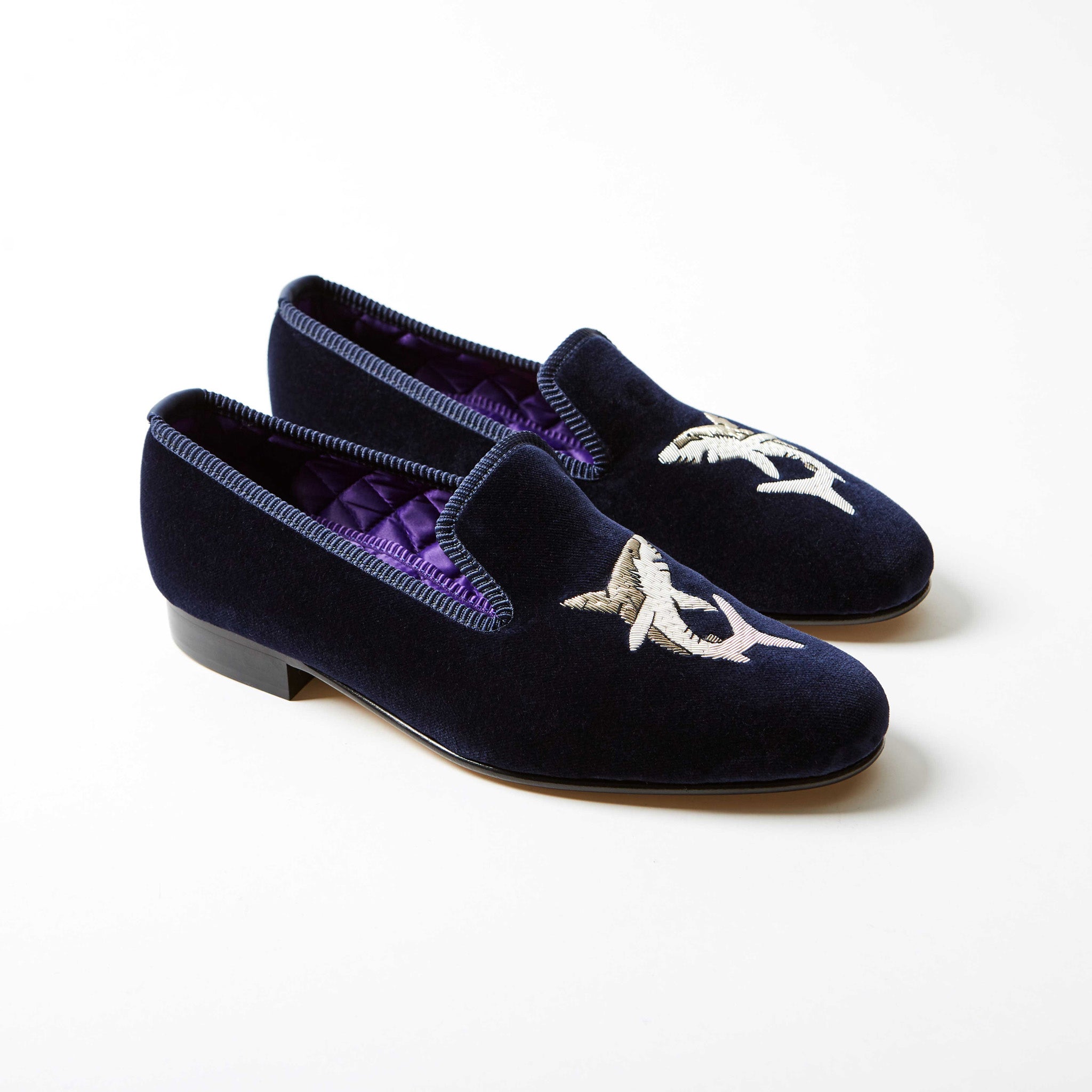 Navy Velvet Albert Slipper with Embroidered Shark, side view