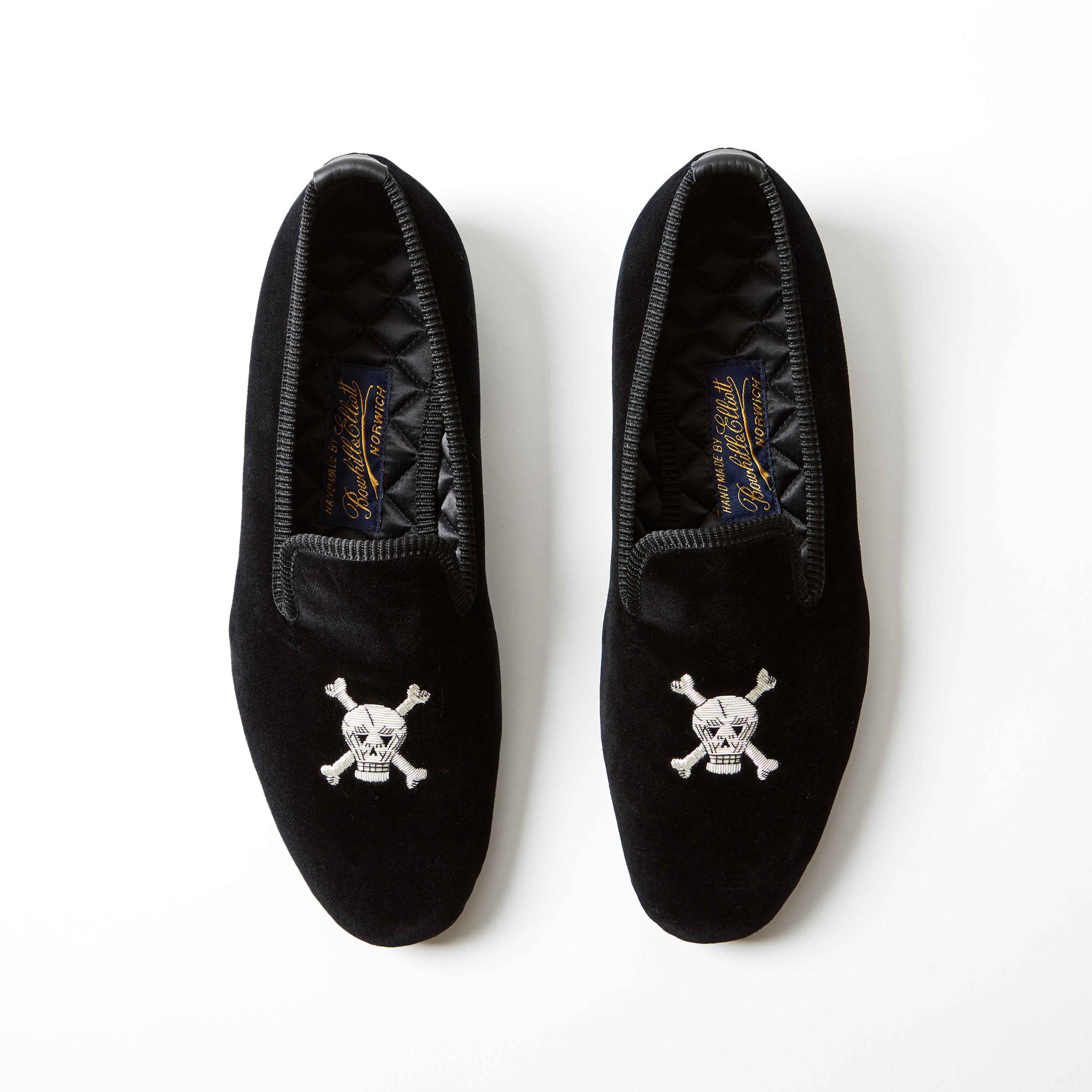 Black Velvet Albert Slipper with Embroidered Skull & Crossbones, top view