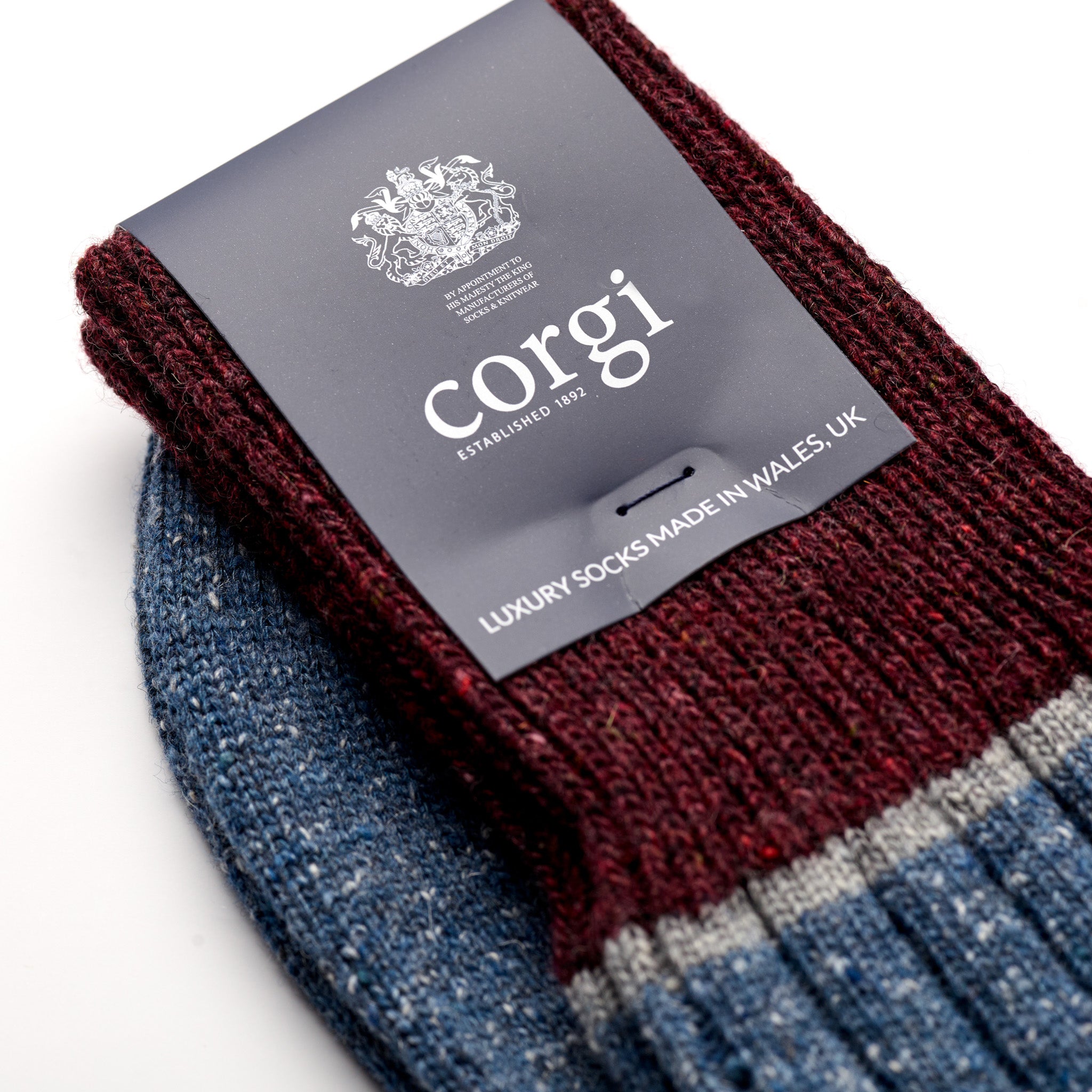 Corgi Heavyweight Colour Block Donegal Socks in Denim & Port label close-up