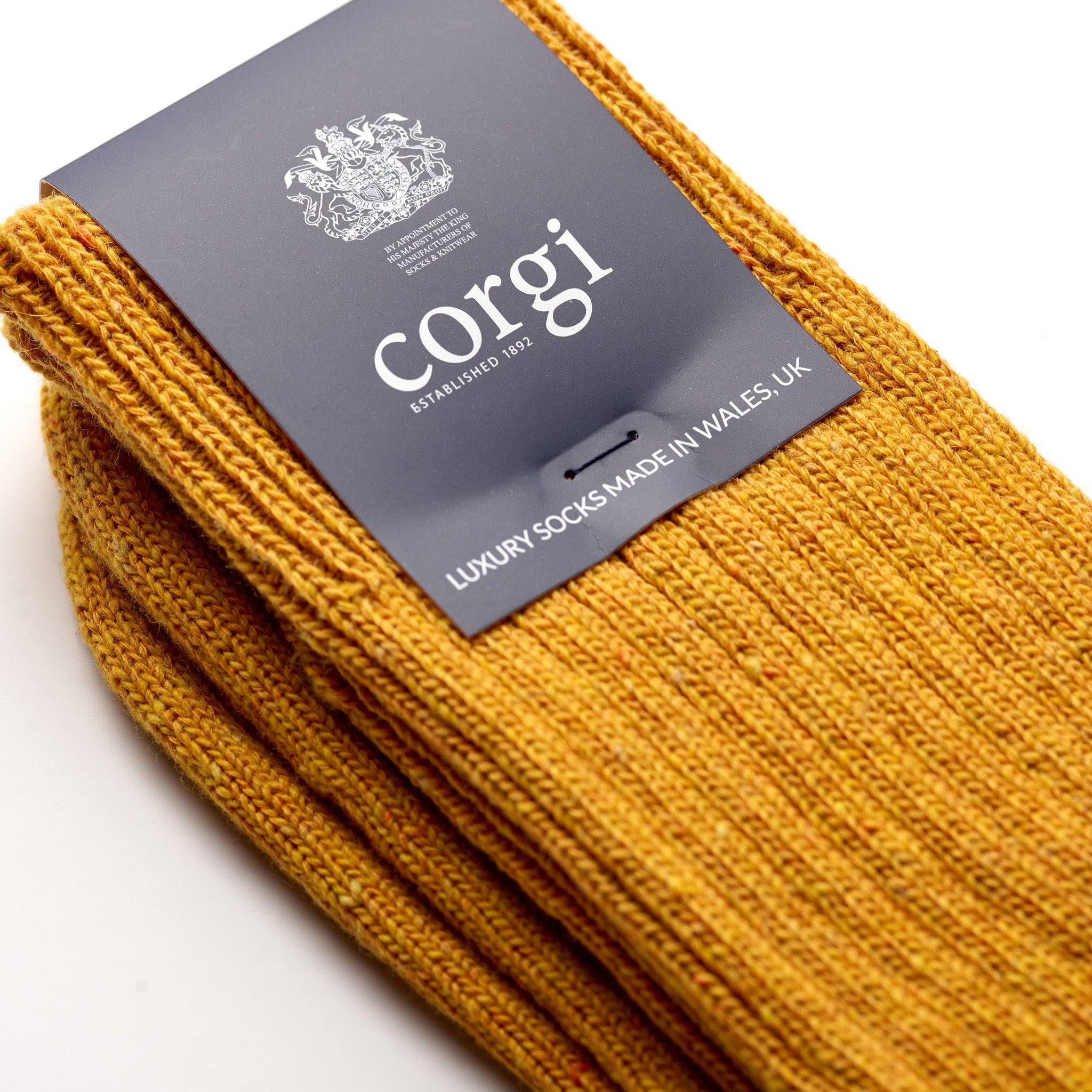 Corgi Heavyweight Plain Donegal Socks in Gold label close-up