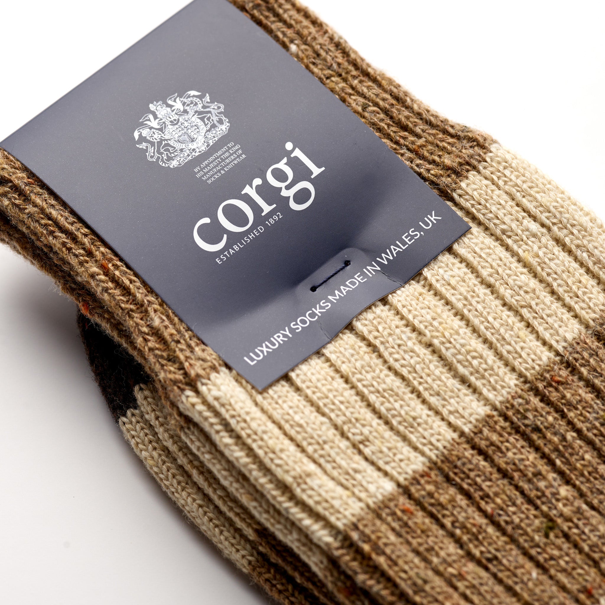 Corgi Heavyweight Donegal Rugby Striped Socks in Fawn label close-up