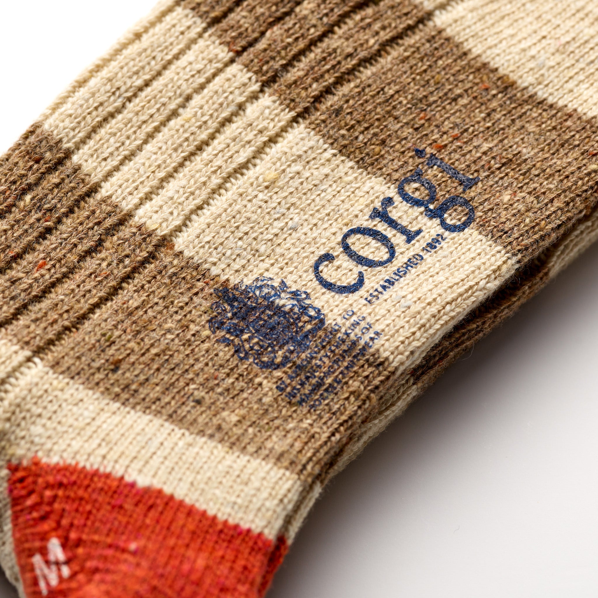 Corgi Heavyweight Donegal Rugby Striped Socks in Fawn foot logo and knit texture close-up
