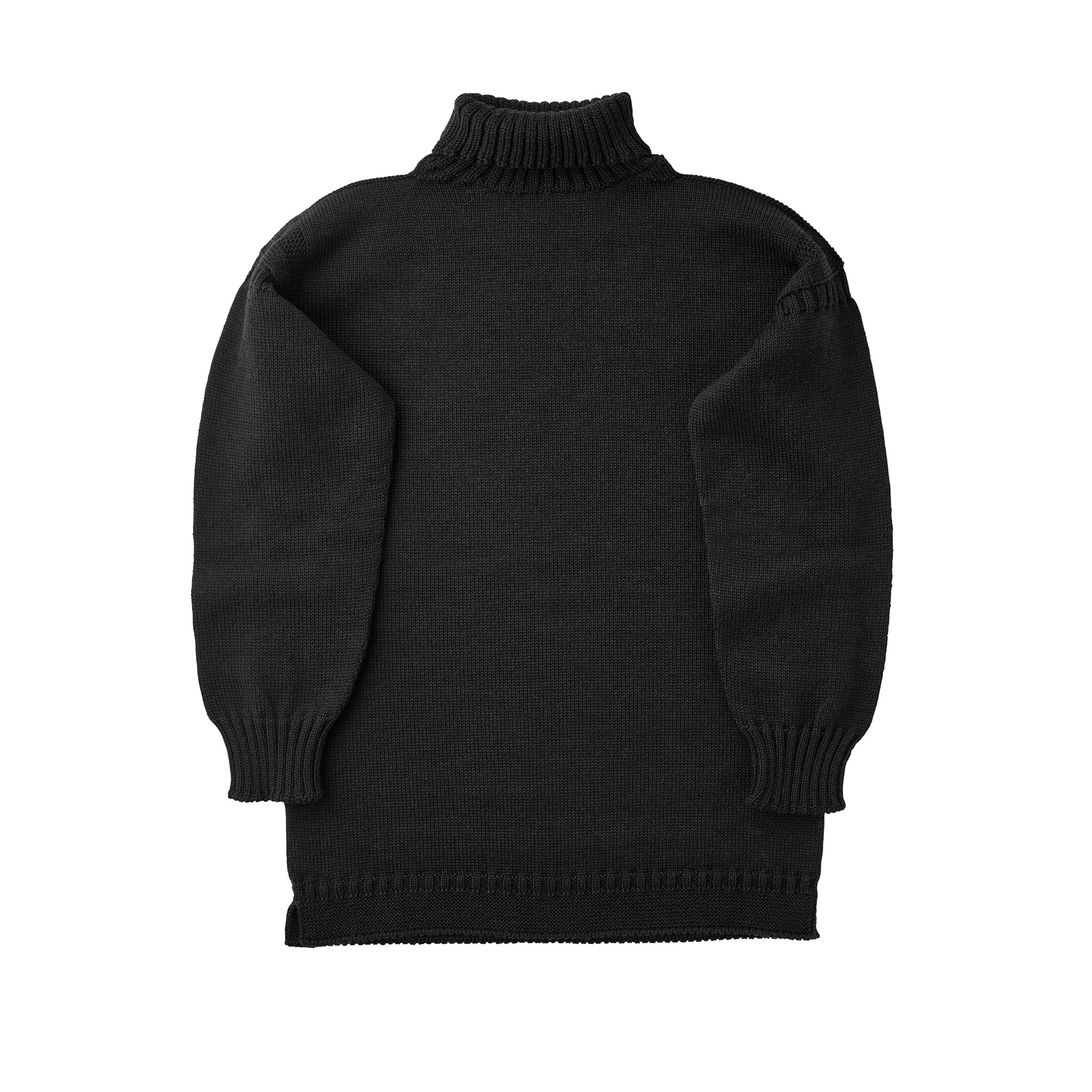 Guernsey Woollens x Fox roll neck knit in Midnight Black, photographed flat on a white background