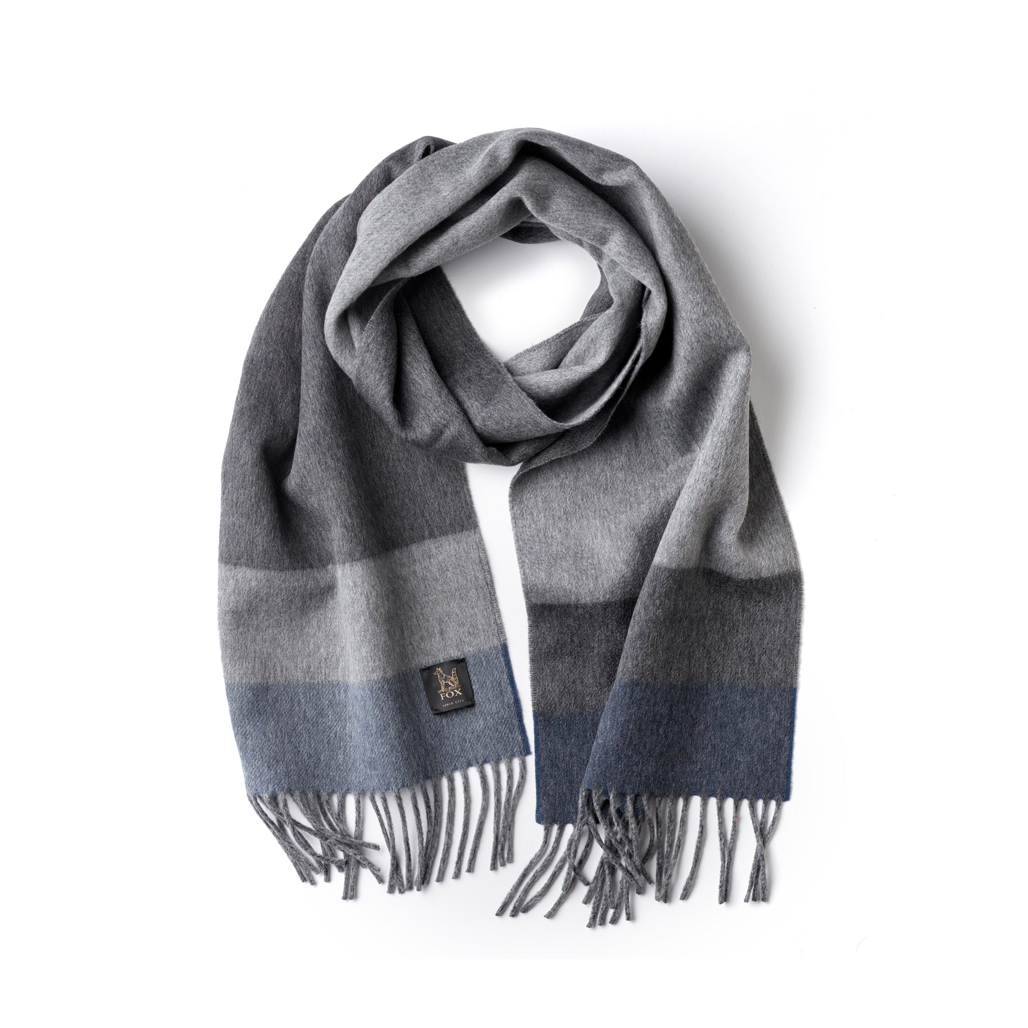 Fox grey and blue cashmere and wool brushed scarf on white background