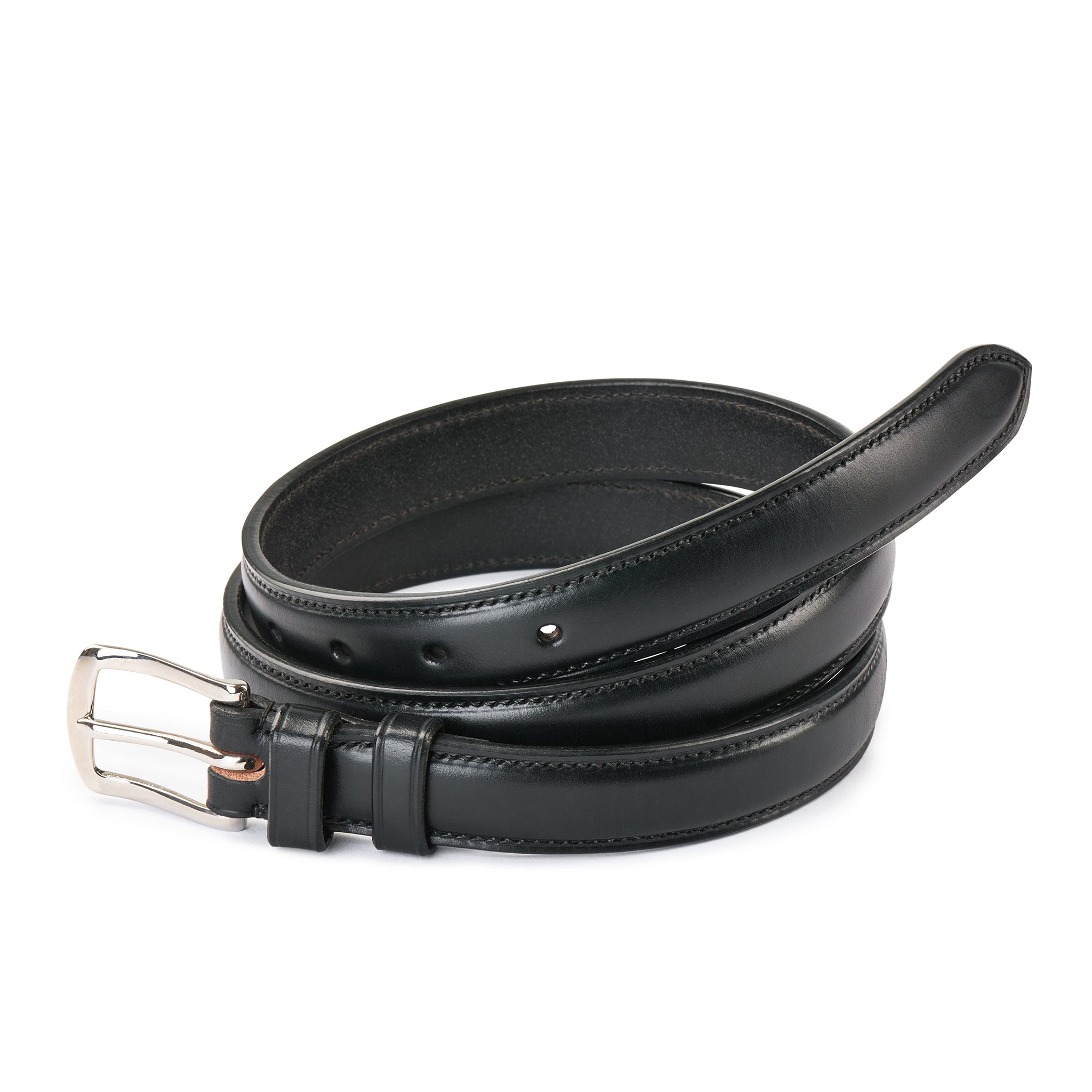 Raised black bridle leather belt with stitched edge and silver finish buckle