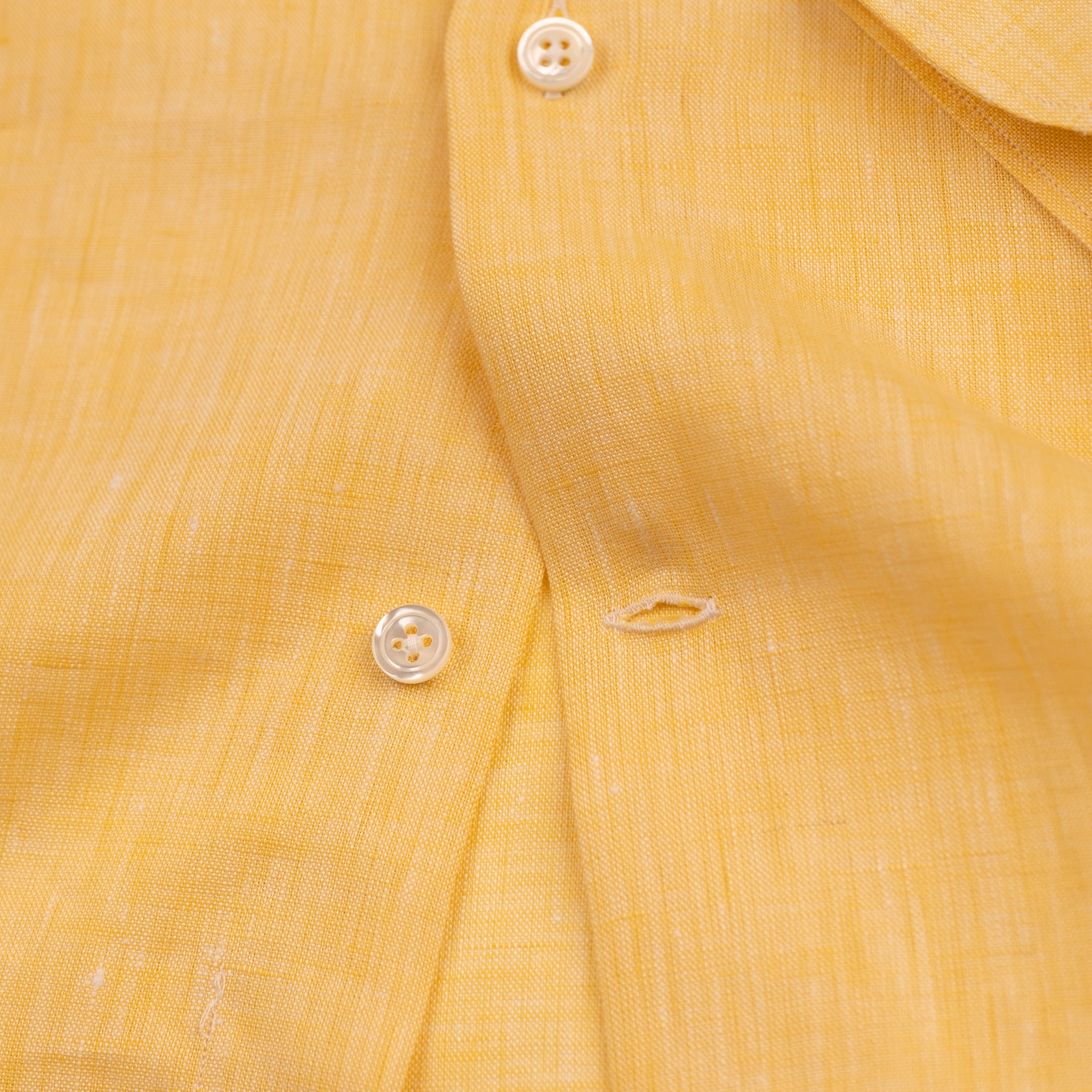 The Niven Fox Summer Yellow Linen Shirt front placket detail