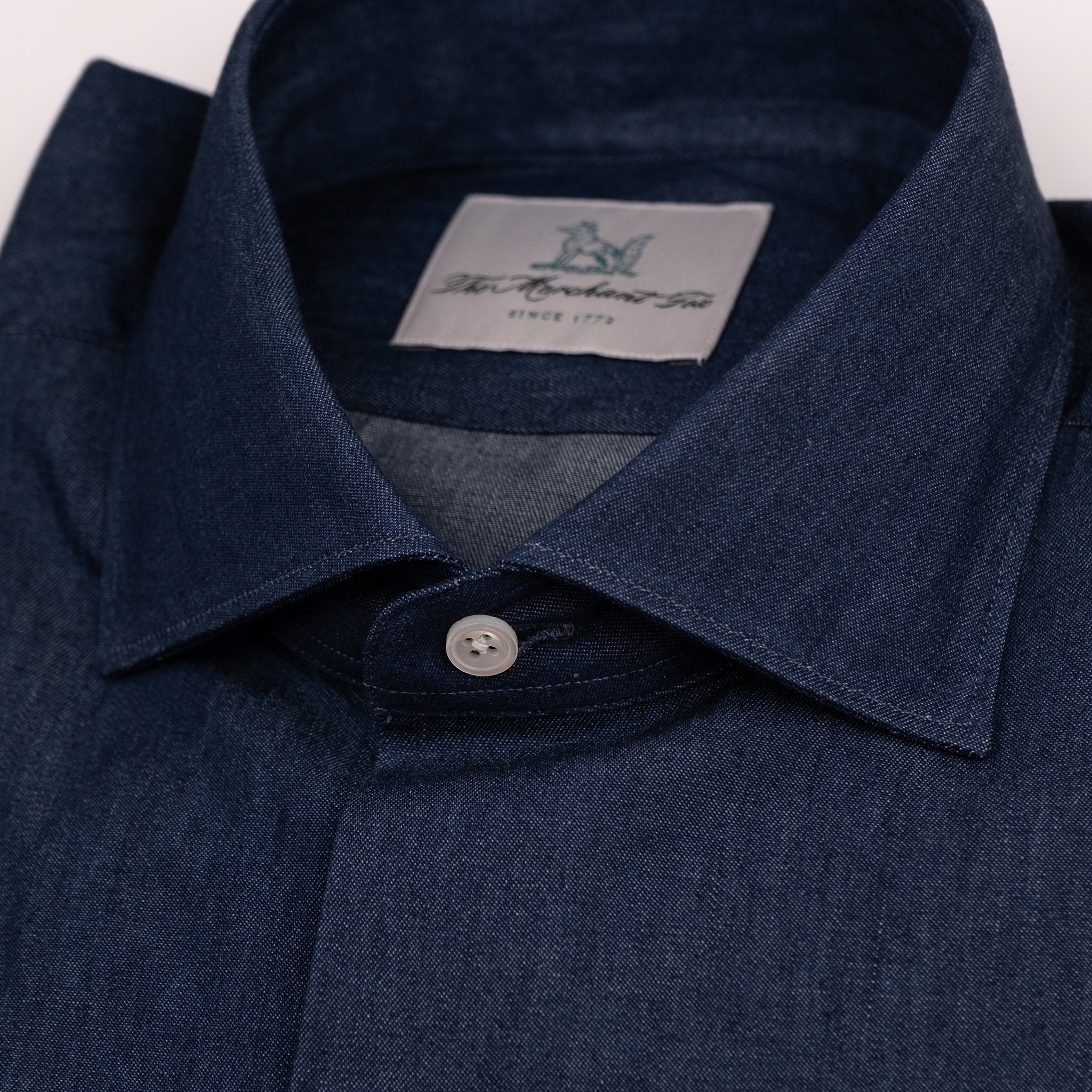 The Niven Fox Weekend Dark Wash Denim Shirt collar detail