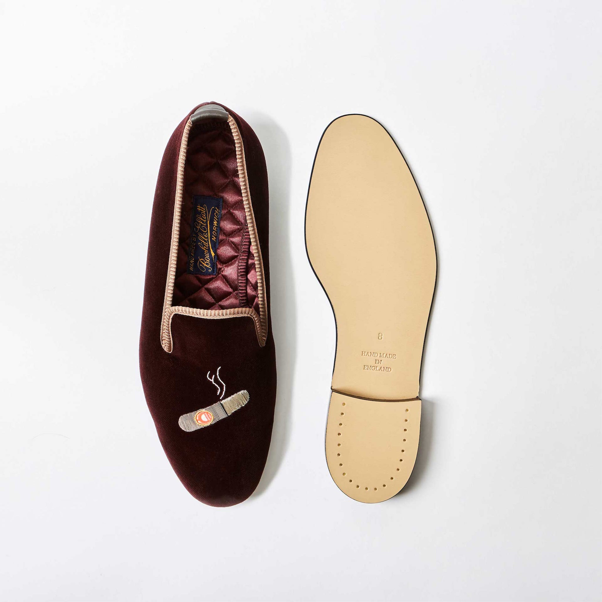 Brown Velvet Albert Slipper with Embroidered Cuban Cigar, leather sole view