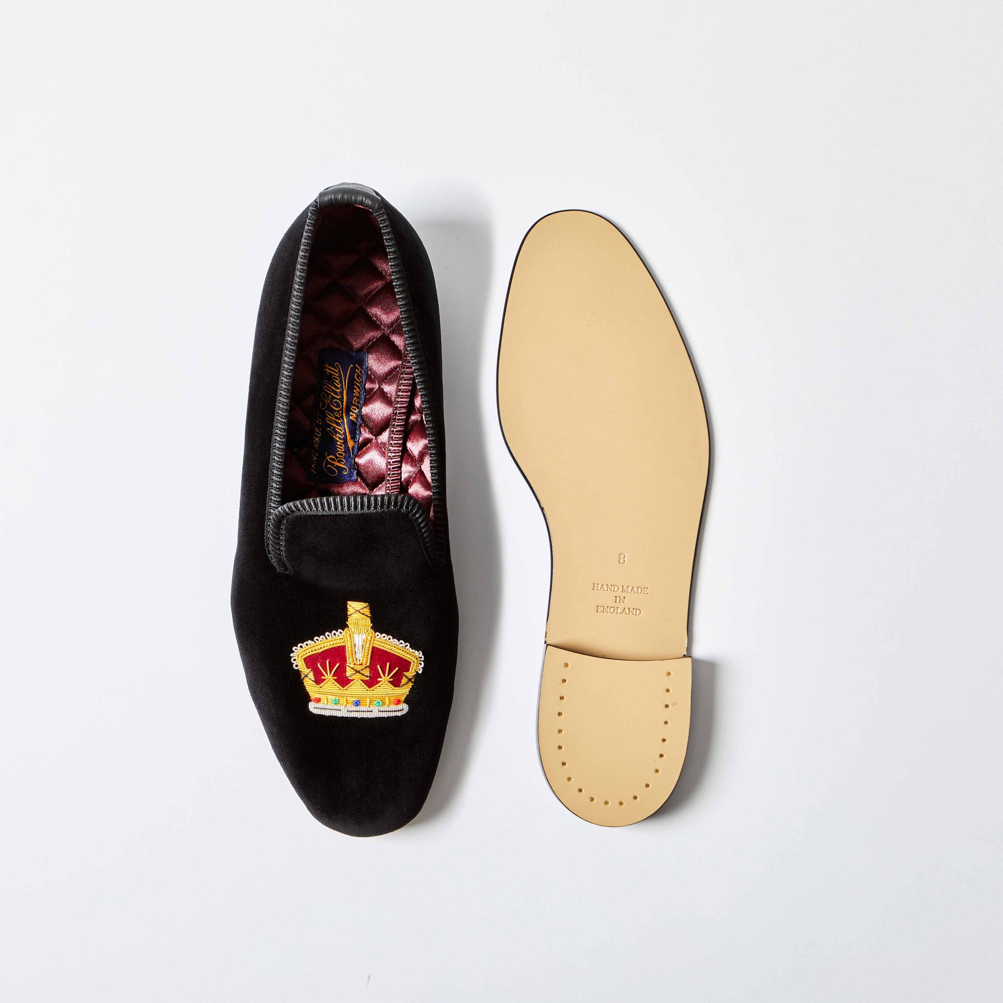 Black Velvet Albert Slipper with Embroidered Gold Crown, leather sole view