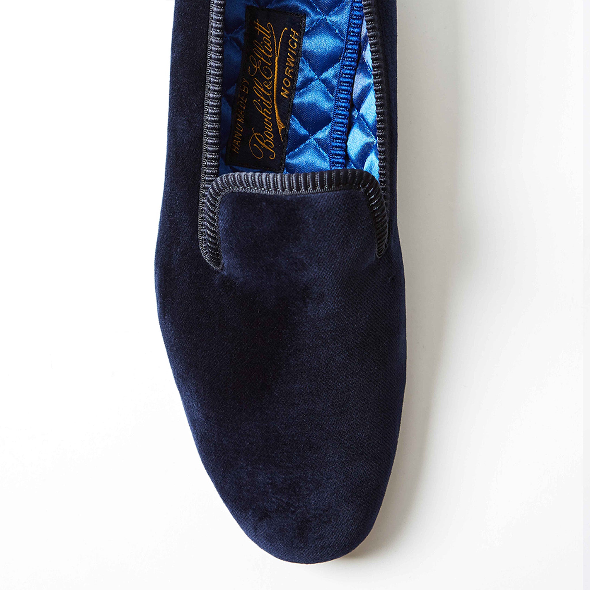 Navy Velvet Plain Albert Slipper, close-up detail on vamp