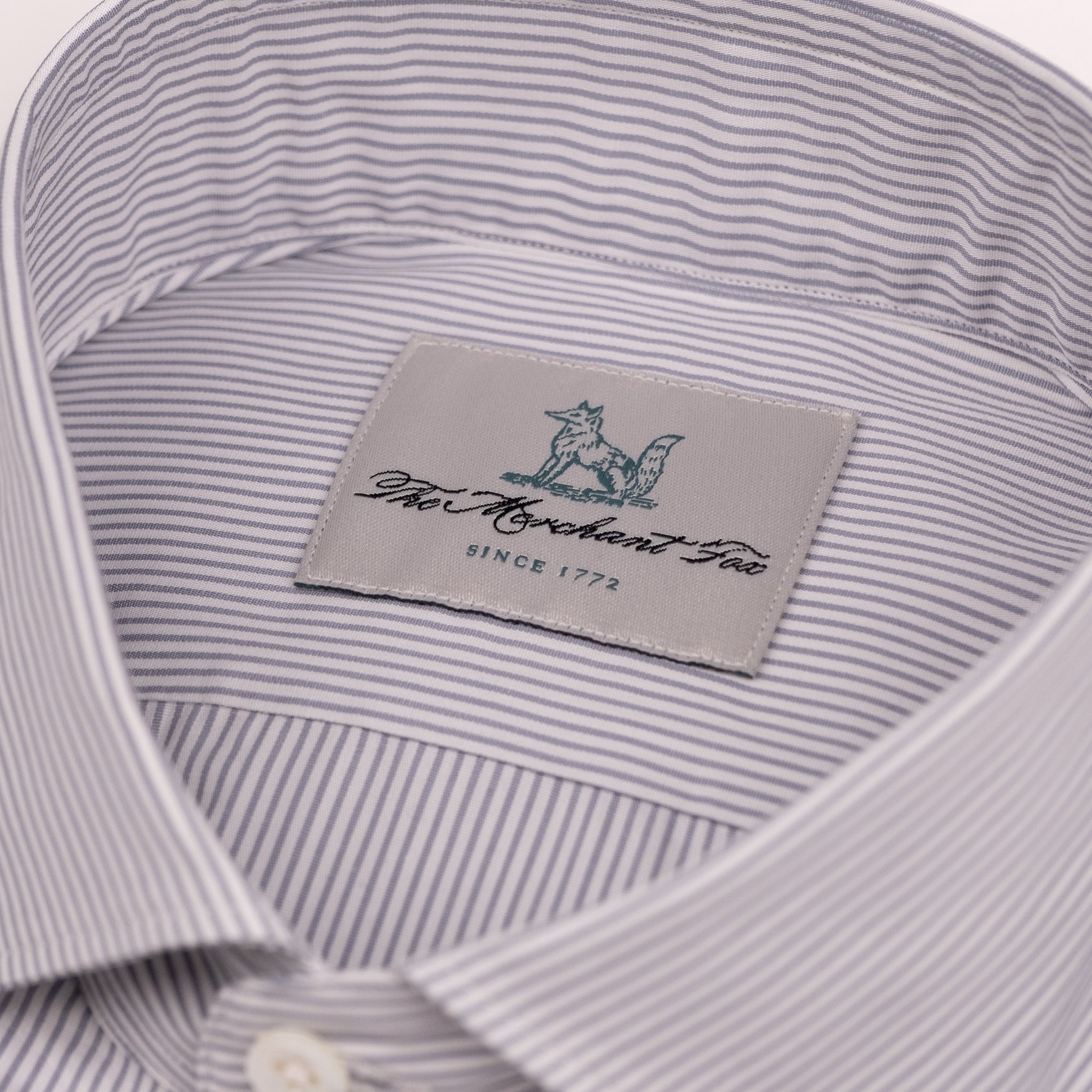 The Niven Fox Classic Light Grey Popeline Stripe Shirt label detail